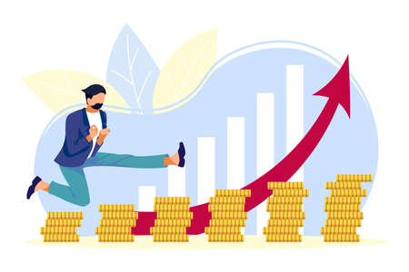 Businessman running up stairs made of coins. Successful man running to his goal. Business success, finance growth, savings or investment concept flat vector illustrationのイラスト素材