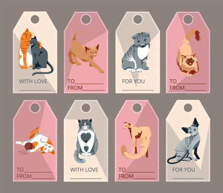 Collection of gift tags with lovely cats. Greeting, gift cards, postcards with cute pet cats of different breeds. Printable templates set cartoon vector illustrationのイラスト素材