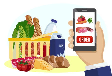 Online groceries shopping concept. Person ordering groceries using smartphone mobile application. Basket with fresh organic products, food delivery concept flat vector illustrationのイラスト素材