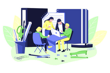 Colleagues working together. Business team brainstorming, communicating, negotiating, searching for new ideas. Coworking open space, business startup concept flat vector illustrationのイラスト素材