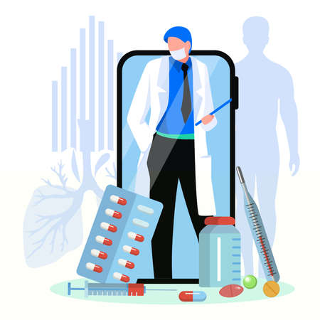 Online medical consultation via smartphone. Telemedicine service concept. Smartphone screen with male doctor working online via mobile application flat vector illustrationのイラスト素材