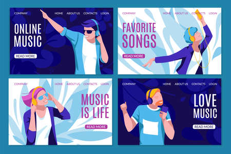 Favorite songs landing page templates set. Young people enjoying of listening music. Online music streaming service, audio playlist, new music fast download website interface flat vector illustrationのイラスト素材