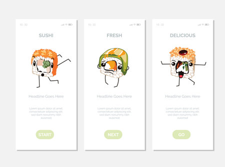 Delicious fresh sushi onboard screens set. flat vector illustrationのイラスト素材