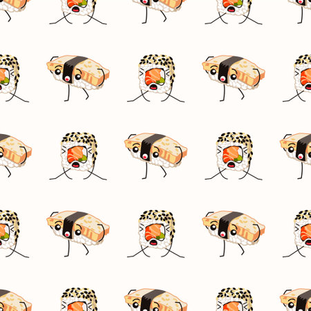 Seamless pattern of funny sushi characters. flat vector illustrationのイラスト素材
