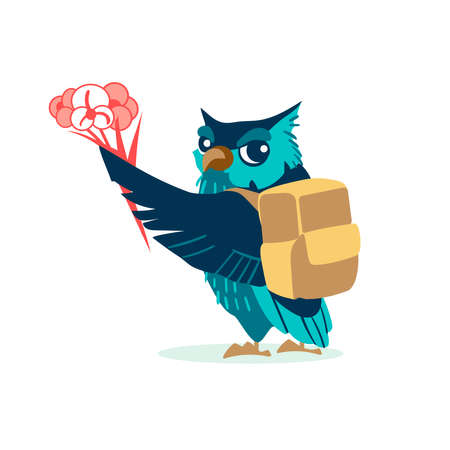 Wise owl with bouquet of flowers and backpack. Clever bird teaching at geography lesson or studying school subject. Back to school concept cartoon vector illustration on white backgroundのイラスト素材