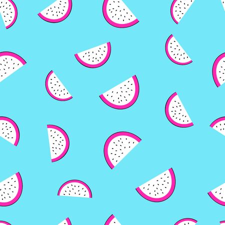Tropical exotic dragon fruits on blue background vector seamless patternのイラスト素材