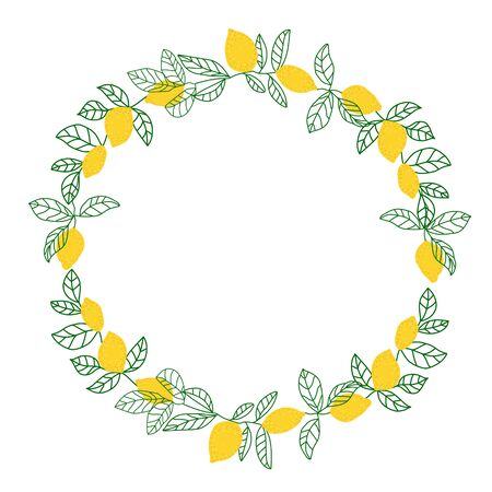 Vector illustration  with wreath of   lemon. Color  lemon  with line leaves on white background. Design for postcard, invitationのイラスト素材