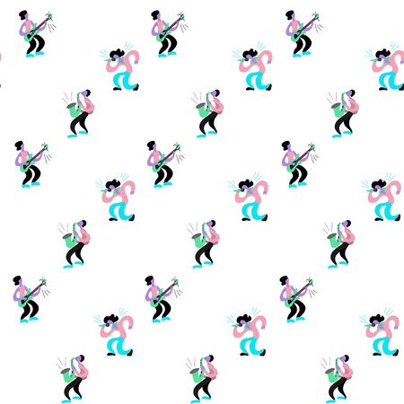 Vector flat seamless pattern with doodle musicians. Endless print with hand drawn  music band plays their instruments. Bright color trendy design for print, textile, postcard, music festivals, musical groupsのイラスト素材