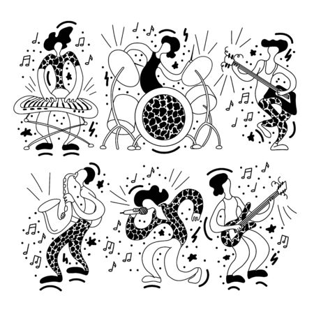 Vector flat illustration with doodle musicians. Music band plays their instruments. Fanny design for print, textile, postcard, advertising, music festivals, musical groupsのイラスト素材