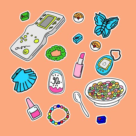 Vector illustration with a color set of things from the 90s. 90`s stickers on color background. 90's style vector isolated objects and graphic elements. Bright design for stickers and printingのイラスト素材