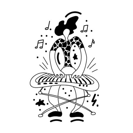 Vector flat illustration with doodle musicians. Music band plays their instruments. Fanny design for print, textile, postcard, advertising, music festivals, musical groupsのイラスト素材