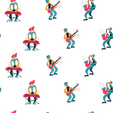 Vector flat seamless pattern with doodle musicians. Endless print with hand drawn  music band plays their instruments. Bright color trendy design for print, textile, postcard, music festivals, musical groupsのイラスト素材