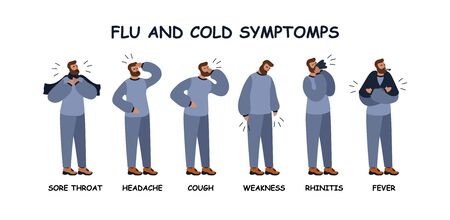 Vector flat illustration with a man with symptoms of colds and flu. Banner with the name of the common cold or flu symptoms. Hand drawn picture with flu man のイラスト素材