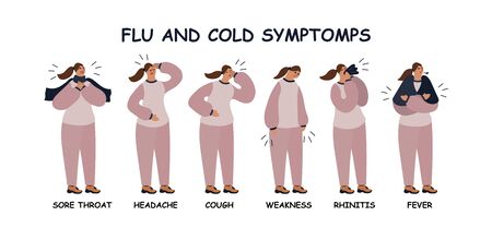Vector flat illustration with a woman with symptoms of colds and flu. Banner with the name of the common cold or flu symptoms. Hand drawn picture with flu womanのイラスト素材