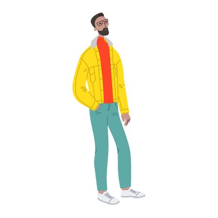 Vector hand drawn illustration with walking men. Character design in colorful clothes. Young man walks in a good moodのイラスト素材