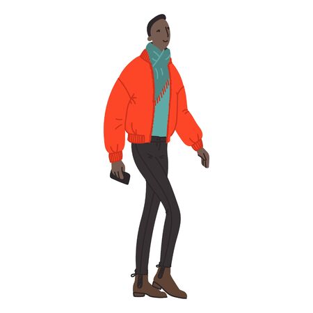 Vector hand drawn illustration with walking men. Character design in colorful clothes. Young man walks in a good moodのイラスト素材