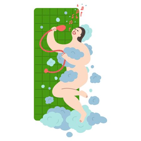 Happy young girl takes a shower and sings in the shower early in the morning. Daily life and routine by young woman at home. Flat cartoon vector illustrationのイラスト素材