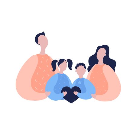 Modern flat vector illustration with happy family. Parents with children hold the heart of the family. Concept of family, family values, support and connections in familiesのイラスト素材