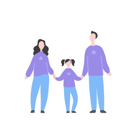 Modern flat vector illustration with happy family. Parents with daughter standing and holding by hand. Concept of family, family values, support and connections in familiesのイラスト素材