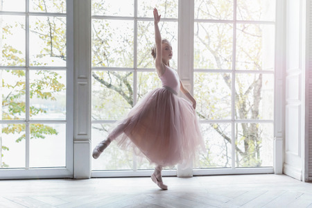 Young classical ballet dancer girl in dance class. Beautiful graceful ballerine practice ballet positions in pink tutu skirt near large window in white light hallの写真素材