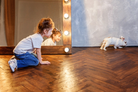Easter celebration, pet care and animals concept. Cute happy little girl sitting on floor, holding and playing with adorable white fluffy rabbit bunny in modern room over mirrorの写真素材