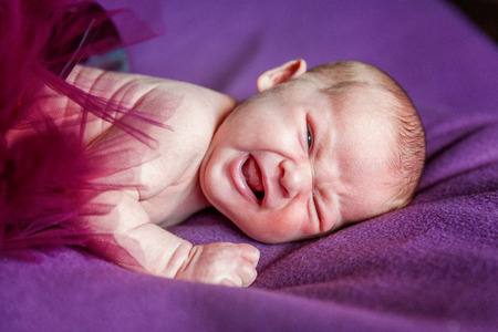 Soft portrait of peaceful sweet newborn infant baby lying on bed while sleeping in purple blanket background. Sweet dream, good night. Maternity family childhood innocence care conceptの写真素材