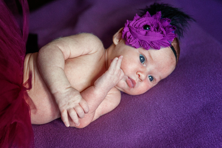 Soft portrait of peaceful sweet newborn infant baby lying on bed while sleeping in purple blanket background. Sweet dream, good night. Maternity family childhood innocence care conceptの写真素材