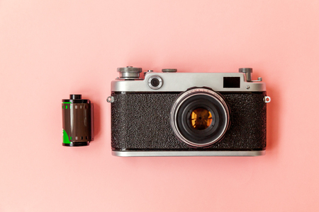 Technology development hipster photographer hobby classic memory trip concept. Vintage film photo...