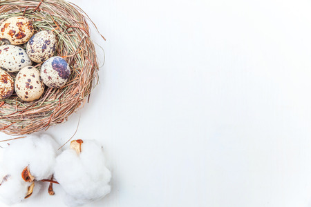 Spring greeting card. Easter eggs in nest cotton and pink fresh tulip flowers bouquet on rustic white wooden background. Easter concept. Flat lay top view copy space. Spring flowers tulipsの写真素材