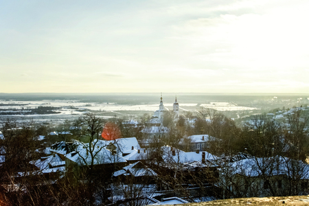 Panoramic view of historical district at Vladimir city Russia. Old streets, church and picturesque houses in winterの写真素材