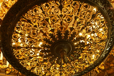 Beautiful vintage golden illuminated chandelier bottom viewのeditorial素材