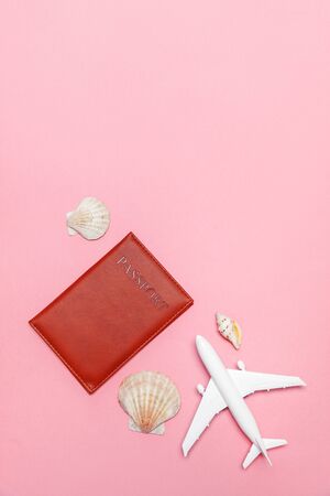 Travel by plane vacation summer weekend adventure trip journey ticket tour concept. Minimal simple flat lay with plane passport and shell on pink pastel trendy modern background. Tourist essentialsの写真素材