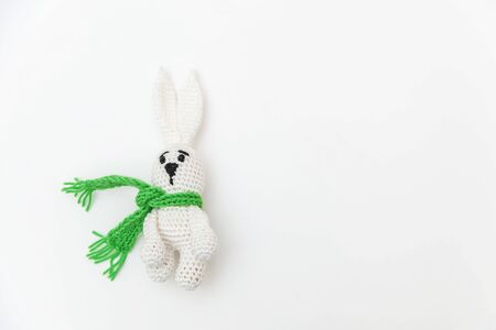 Simply minimal design with toy bunny in green scarf isolated on white background. Children care materinity family concept. Flat lay top view copy spaceの写真素材