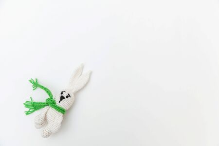 Simply minimal design with toy bunny in green scarf isolated on white background. Children care materinity family concept. Flat lay top view copy spaceの写真素材