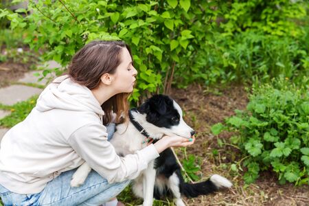 Smiling young attractive woman embracing cute puppy dog border collie in summer city park outdoor background. Girl huging new lovely member of family. Pet care and animals conceptの写真素材