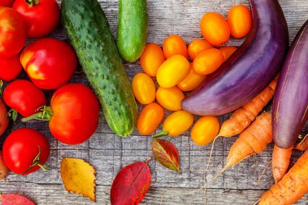 Assortment different fresh organic vegetables on country style wooden background. Healthy food vegan vegetarian dieting concept. Local garden produce clean food. Frame top view flat lay copy spaceの写真素材