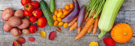 Assortment different fresh organic vegetables on country style wooden background. Healthy food vegan vegetarian dieting concept. Local garden produce clean food. Frame top view flat lay bannerの写真素材