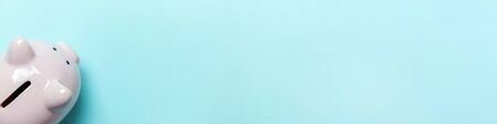 Simply minimal design pink piggy bank isolated on blue pastel background. Saving investment budget wealth business retirement financial money banking concept. Flat lay top view copy space bannerの写真素材