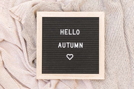 Autumnal Background. Black letter board with text phrase Hello Autumn lying on white knitted...