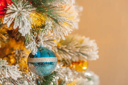 Classic Christmas New Year decorated New year tree with colored ornament decorations toy and ball....