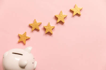 Simply minimal design piggy bank 5 gold stars isolated on pink background. Bank rating. Saving investment budget business retirement financial money banking concept. Flat lay top view copy spaceの写真素材