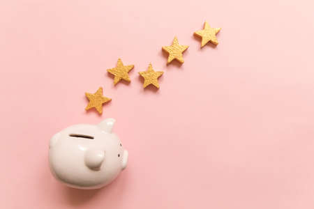 Simply minimal design piggy bank 5 gold stars isolated on pink background. Bank rating. Saving investment budget business retirement financial money banking concept. Flat lay top view copy spaceの写真素材