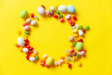 Happy Easter concept. Preparation for holiday. Easter candy chocolate eggs and jellybean sweets isolated on trendy yellow background. Simple minimalism flat lay top view copy spaceの写真素材