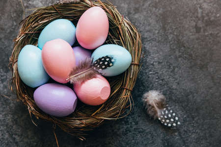 Happy Easter concept. Preparation for holiday. Colorful pastel decorated easter eggs in nest on grunge scratched dark black shale background. Simple minimalism flat lay top view copy spaceの写真素材