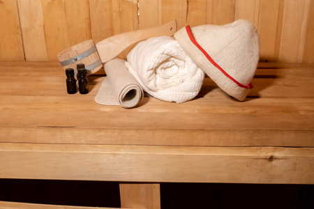 Traditional old Russian bathhouse SPA Concept. Interior details Finnish sauna steam room with...