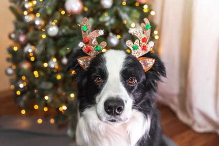 Funny cute puppy dog border collie wearing Christmas costume deer horns hat near christmas tree at home indoors background. Preparation for holiday. Happy Merry Christmas conceptの写真素材