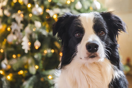 Funny cute puppy dog border collie near Christmas tree at home indoors. Dog and Christmas tree with defocused garland lights. Preparation for holiday. Happy Merry Christmas time conceptの写真素材