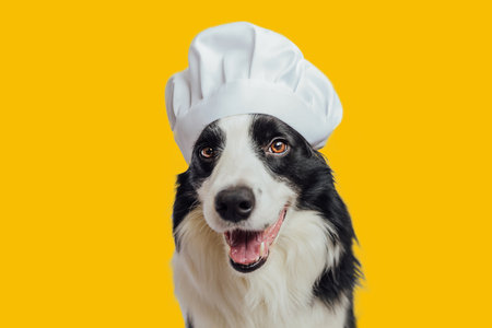 Funny puppy dog border collie in chef cooking hat isolated on yellow background. Chef dog cooking dinner. Homemade food restaurant menu concept. Cooking processの写真素材