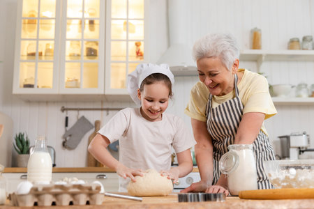 Happy family in kitchen. Grandmother and granddaughter child cook in kitchen together. Grandma...
