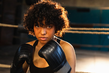 Outcry independent girl power. Angry african american woman fighter with boxing gloves looking serious aggressive standing on boxing ring. Strong powerful fighter girl training punchesの写真素材